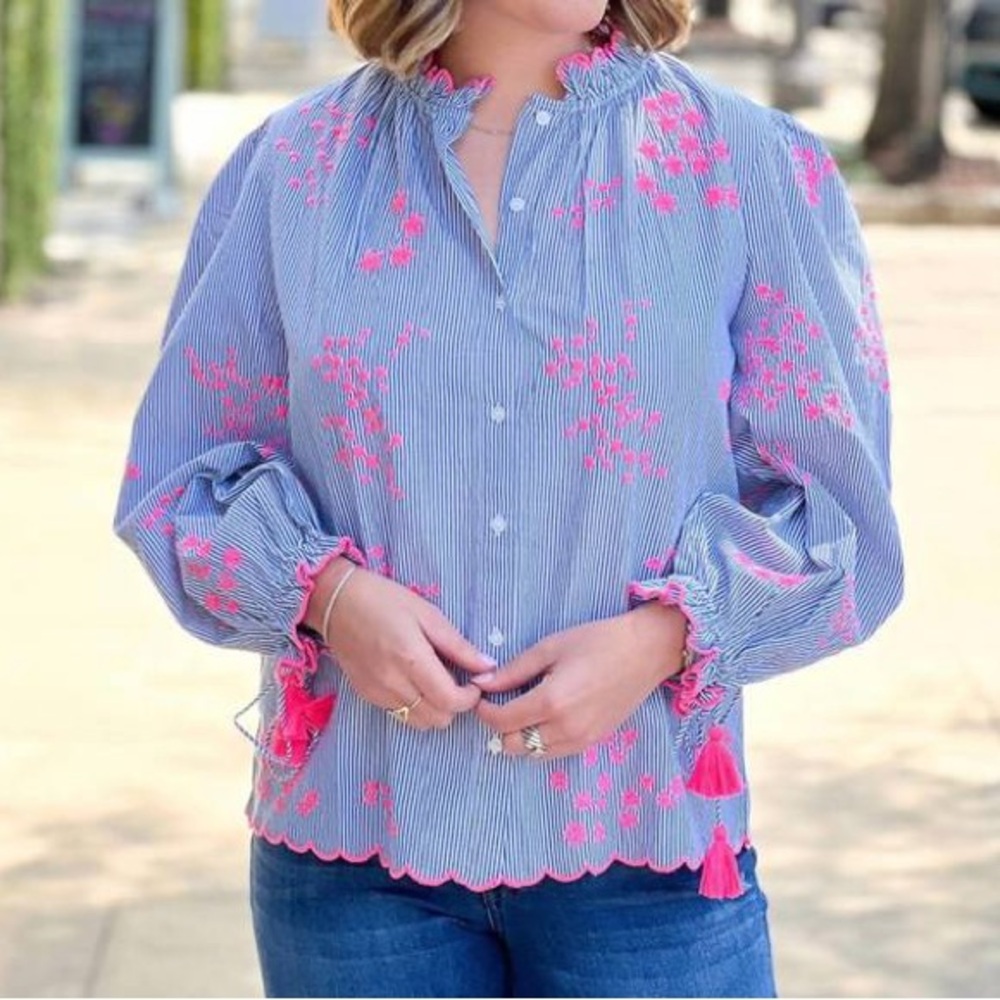 Vilagallo 100% Cotton Blue And Pink Embroidered Blouse